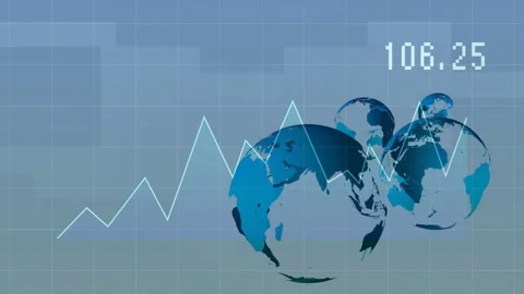 Globes floating behind blue line chart in animated infographic showing grid and Stock Footage 308677578