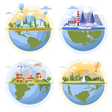 Globes with landscapes vector flat illustration. Nuclear factory, wind turbines Stock Illustration