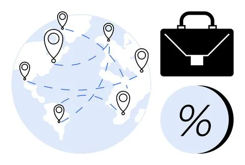 Globes with location markers connected by dotted lines, briefcase, and percen Stock Illustration