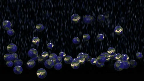 Globes. Rain of objects that fall and bounce off the ground. Animation of an Stock-Footage 155738709