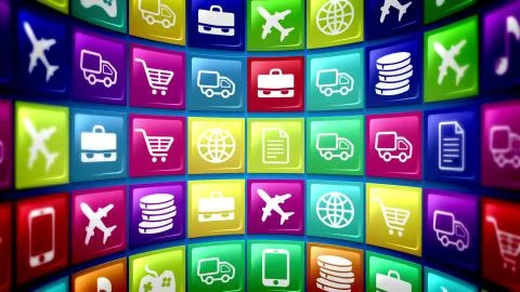 A globular 3d rendering of simplified mobile application icons on a pc screen Stock Illustration