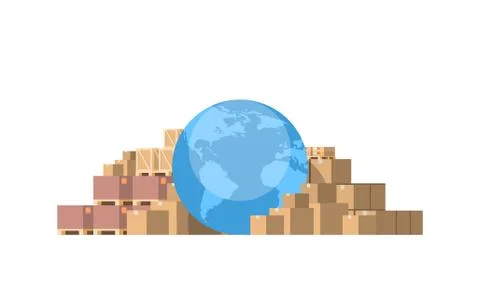 Globus world map parcel packages paper box isolated white background Stock Illustration