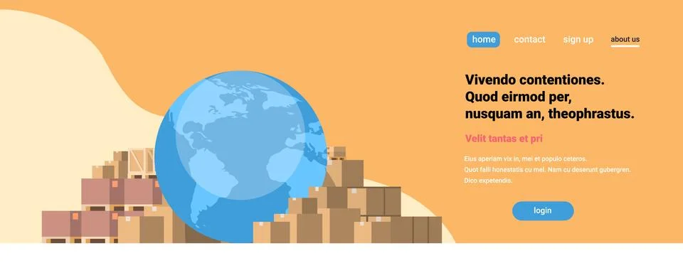 Globus world map parcel packages paper box orange background international Stock Illustration