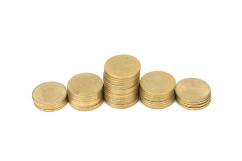 Glod coin stack. town. pile. isolated on white background Foto stock