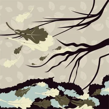 A gloomy background with a branch of a tree and fallen leaves in late autumn. Stock Illustration