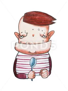 Gloomy cartoon monster boy with square jaw and sharp teeth waiting for his meal Stock Illustration