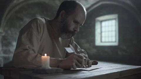 Gloomy cell inmate pausing his writing, staring ahead thoughtfully Stock Footage 338990757