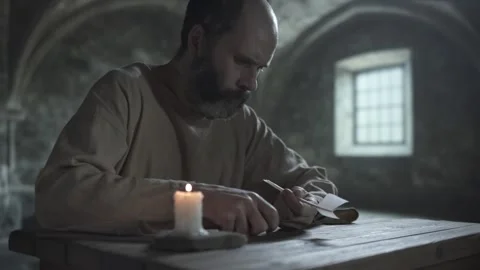 Gloomy cell inmate sharpening a quill pen with a knife at a rough wooden table 스톡 동영상 337929625