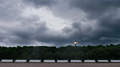 Gloomy Cloudy Scene with Empty Benches b... | Stock Video | Pond5