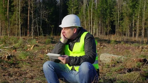 Gloomy forest engineer in forest Stock Footage 43784132