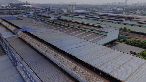 Gloomy Heavy Industry Complex Railway Roof 4K Tilt Down Stock Footage 341272904