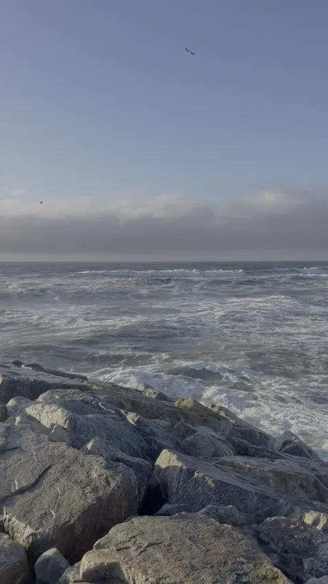 Gloomy ocean coast. Dramatic sky over the ocean. Dramatic ocean coast. Stock Footage 307314550