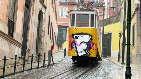 Gloria Elevator In A Rainy Day, Lisbon, Portugal Stock Footage 235381536