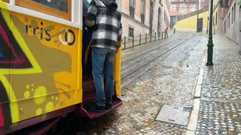 Gloria Elevator In A Rainy Day, Lisbon, Portugal Stock Footage 235381574