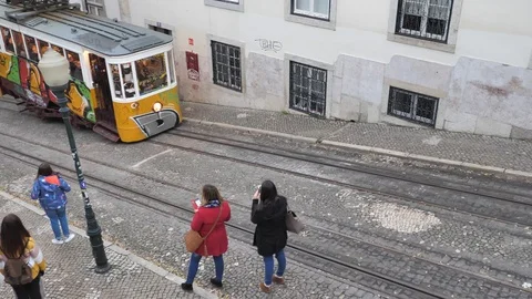 The Gloria Funicular Train Car (Elevador Da Gloria) Coming Up A Steep Hill Stock Footage 89039692