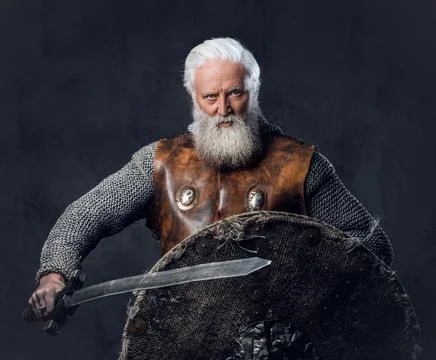 Glorious elderly crusader with shield and sword dressed in armor 写真素材