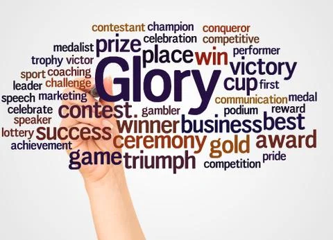 Glory word cloud and hand with marker concept Stock Photos