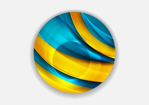 Glossy 3d circle with yellow and blue elegant waves, abstract concept backgro Stock-Illustration