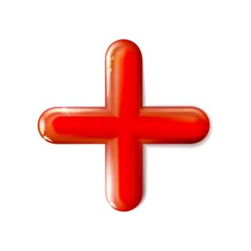 Glossy 3D isolated mathematical plus sign icon. Symbol red. Ui, ad. Stock Illustration