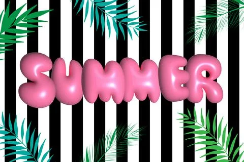 Glossy 3D pink bubble SUMMER with palm leaves on stripe background. Stock Illustration