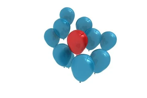Glossy 3D-rendered blue and red latex balloons are floating against white Stock Illustration
