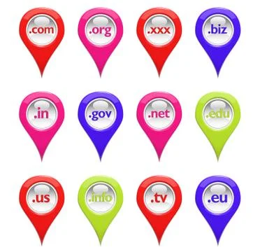 Glossy 3D set of domain pin-pointers isolated on white 스톡 일러스트