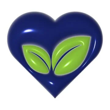 A glossy, abstract heart shape in dark blue features two bright green leaves at  Stock Illustration