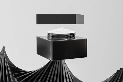 Glossy black cubic shape cream jar mockup, square skincare packaging Stock Illustration