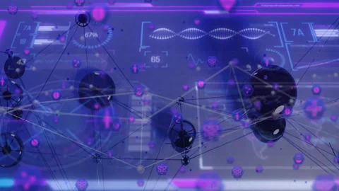 Glossy black spheres forming digital network in 3D render, connecting nodes with Stock Footage 308657479