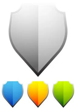 Glossy blank shield shapes. Shield, armor design elements, shield icons Stock Illustration
