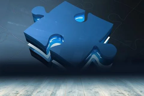 Glossy blue 3D render puzzle piece is floating above light wooden floor with Stock Illustration