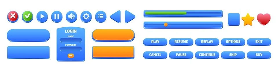 Glossy blue buttons and frames for game interface Stock Illustration