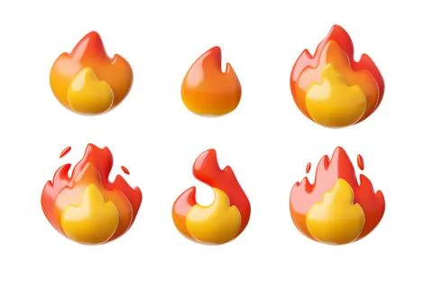 Glossy burning flame of fire 3D vector icons set, bonfire or campfire emoji Stock Illustration