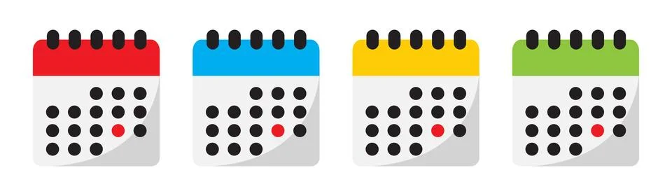 Glossy calender vector with red date mark icon set in four different colors Stock Illustration