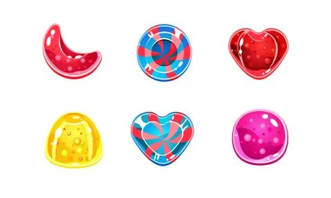 Glossy candies set, sweets of different shapes, user interface assets for mobile Ilustración de archivo