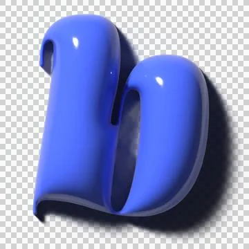 Glossy cobalt 3D m-form is floating on transparent backdrop, casting shadow and Illustrazione stock
