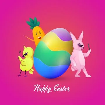 Glossy Colorful Egg with Cute Rabbit, Chick, Carrot Cartoon Illustration Fo.. Stock Illustration
