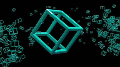 Glossy cubic frame in random order hanging in the air on a black background Illustrazione stock