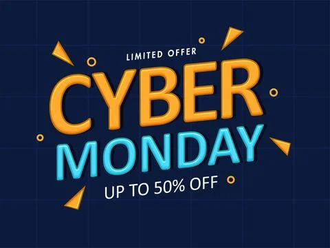 Glossy Cyber Monday Text with Triangle Elements and 50% Discount Offer on B.. Illustrazione stock
