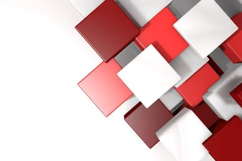 Glossy deep red, red and white 3D cubes are floating over white gradient Stockfoto's