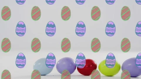 Glossy eggs rolling in from right, nudging group left and forming loose row Video stock 329899452