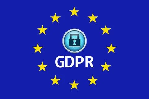 Glossy flat design GDPR button is being shown in EU flag circle of twelve yellow Stock Photos
