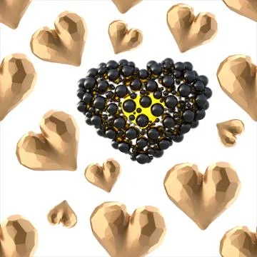 Glossy gold angular chopped hearts with reflections isolated on bright back.. 库存插图