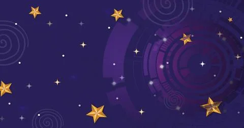 Glossy golden 3D five-pointed stars floating across purple navy gradient with Ilustración de archivo