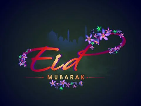 Glossy Golden text Eid with beautiful flowers decoration on mosque silhouet.. Stock Illustration