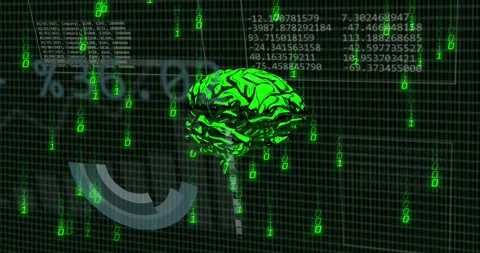 Glossy green 3D brain appearing play overlay sweeping brain rotating HUD Stock Footage 328584601