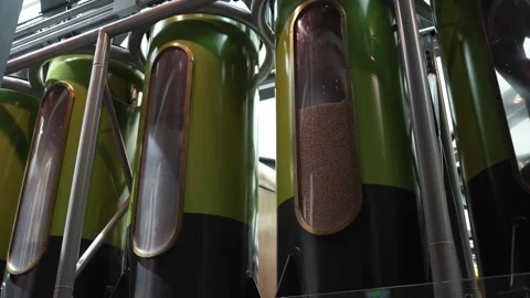 Glossy green and black silos with transparent windows reveal roasted coffee bean Stock Footage 310055344
