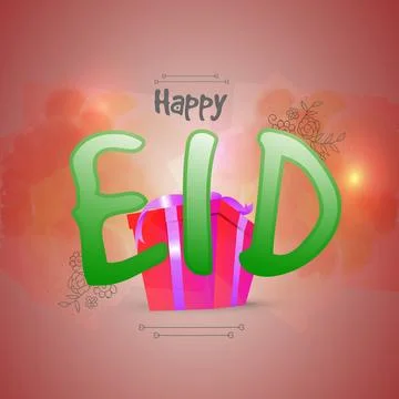 Glossy green text Happy Eid with beautiful gift box on floral decorated bac.. Stock Illustration