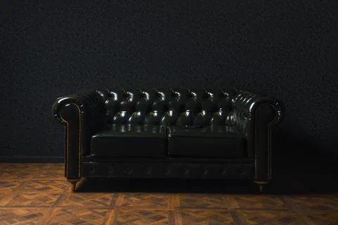 Glossy leather couch next to black wall Stock Photos