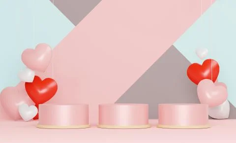 Glossy luxury podium for your design. Pink gift box, Pink balloon and heart o Stock Illustration